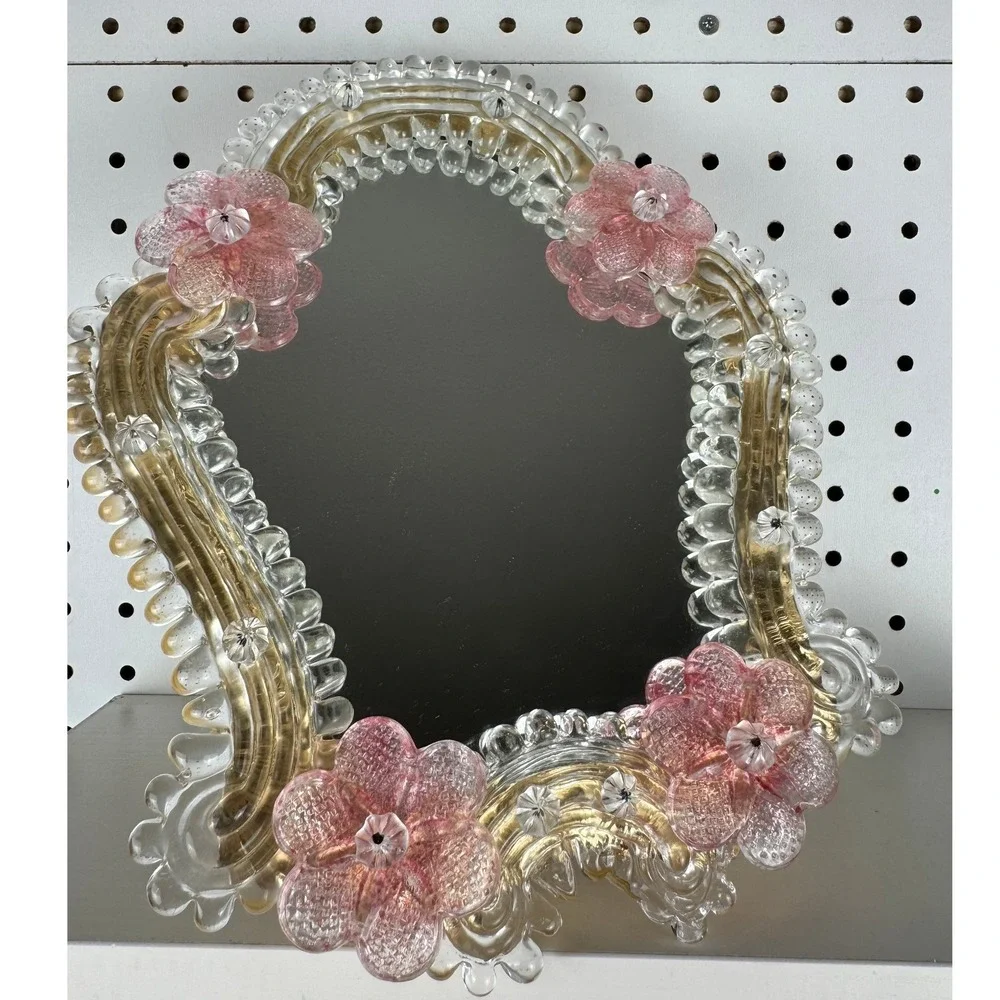 Vtg Murano Glass Vanity Mirror Pink Flowers Coquette Venetian Tabletop Wall